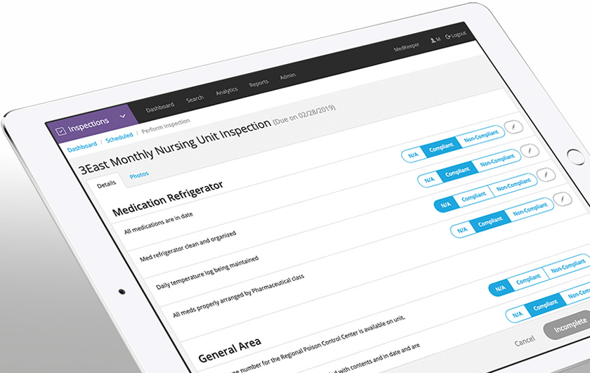 PharmacyKeeper medication checklist for inspections shown on handheld device